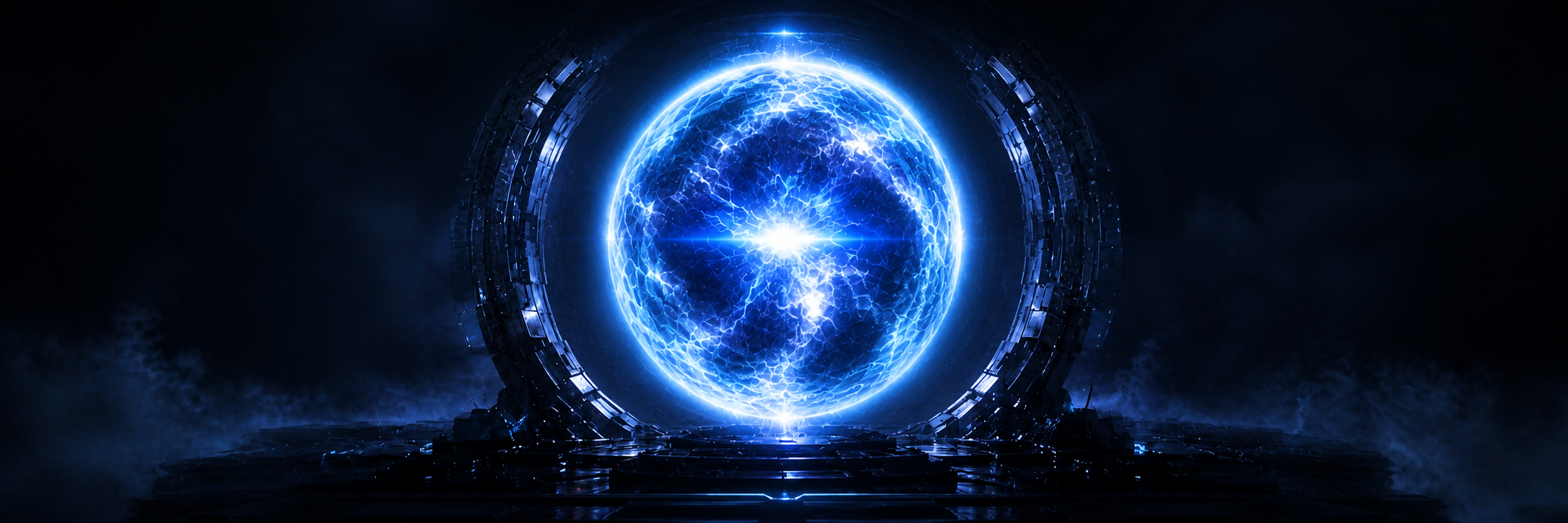 A massive blue-white forge core suspended inside a dark metallic containment structure